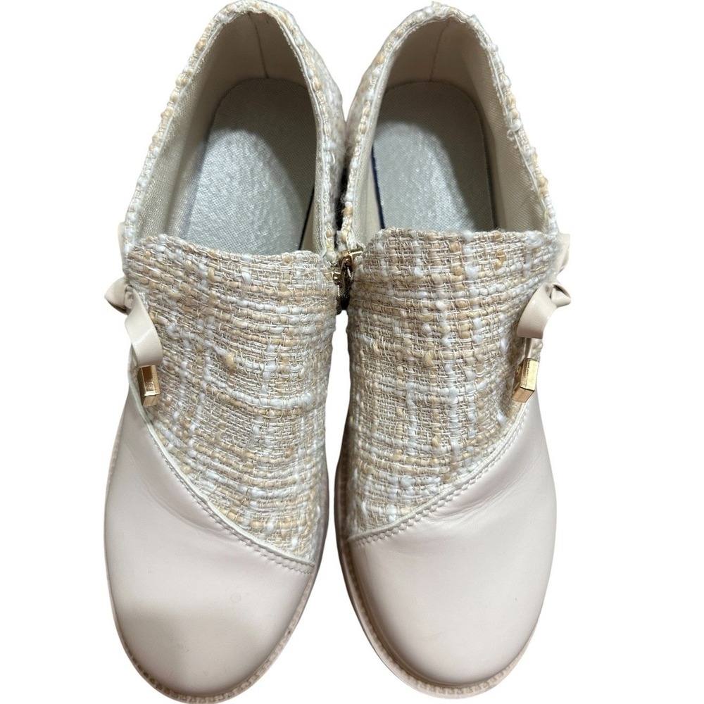 DG Tweed Ankle Booties Women Cream Block Heel Bow Parisian Chic Mixedโ Media 8